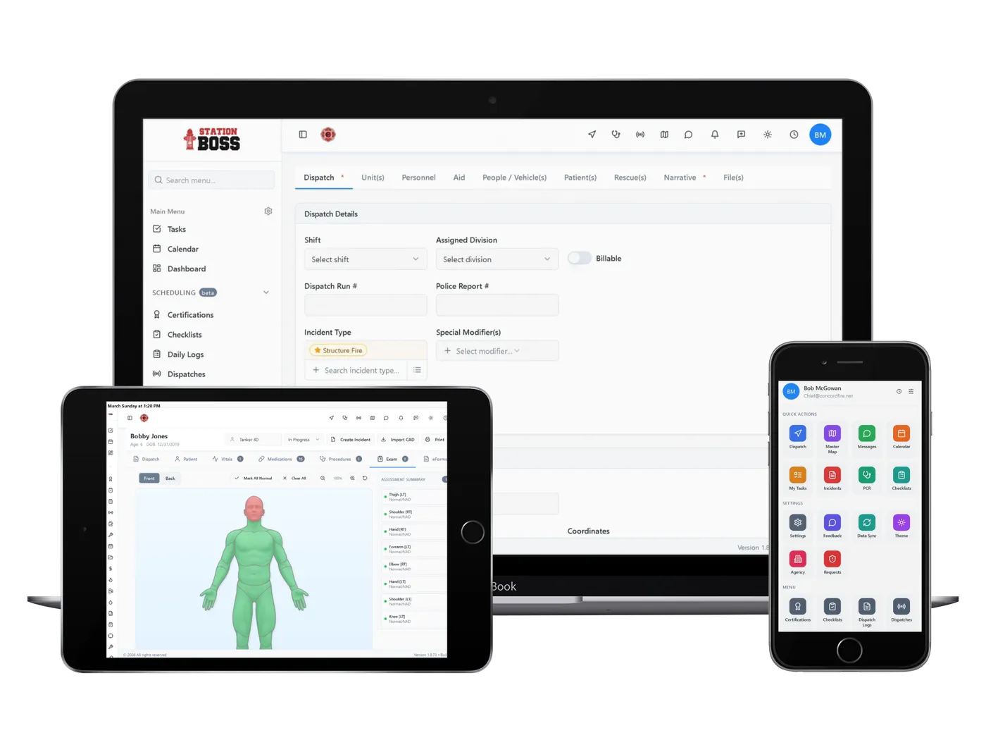 Station Boss fire department management software on laptop, tablet, and phone